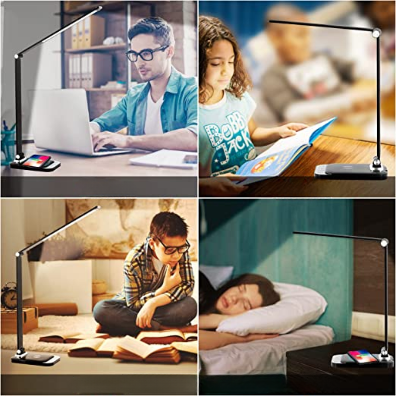 Moderne LED-lampe | Dæmpbar | USB-port | Touch-betjening | Sort design | 4 lysstyrkeniveauer | Perfekt til kontor og soveværelse | 44,8 cm x 17,7 cm