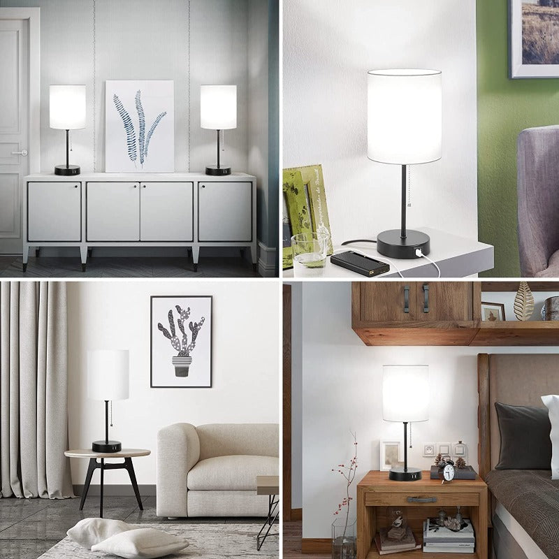 Sæt | 2 Moderne Bordlamper | Grå Skærme | USB Opladning | AC-Stik | Trækkontakt | Rustfri