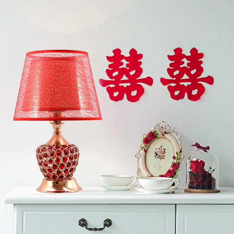 Krystalbordlampe | Elegant urneform | Dobbelt empire-skærm i rød og guld | Høj kvalitet krystal og stof | Kompatibel med