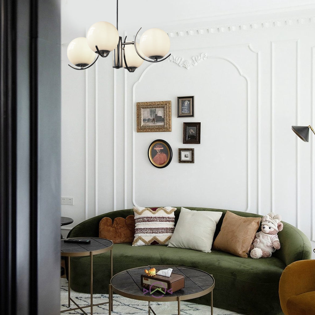 Nordisk Moderne Lysekrone | Mælkehvidt Glas | 4/5 Lyskilder | Galvaniseret Jern | E14 Lampefatning | Interiør Belysning | Kunstnerisk Design