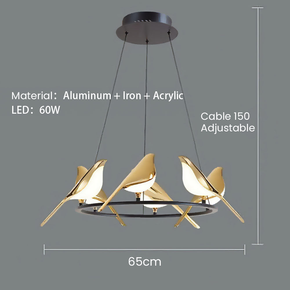 Hængelampe | Creative Birds LED Guirlande | Fuglemotiv | Justerbar længde | Guld | 30cm - 121cm Diameter | Metal + Akryl | Indbygget LED | Spisestue,