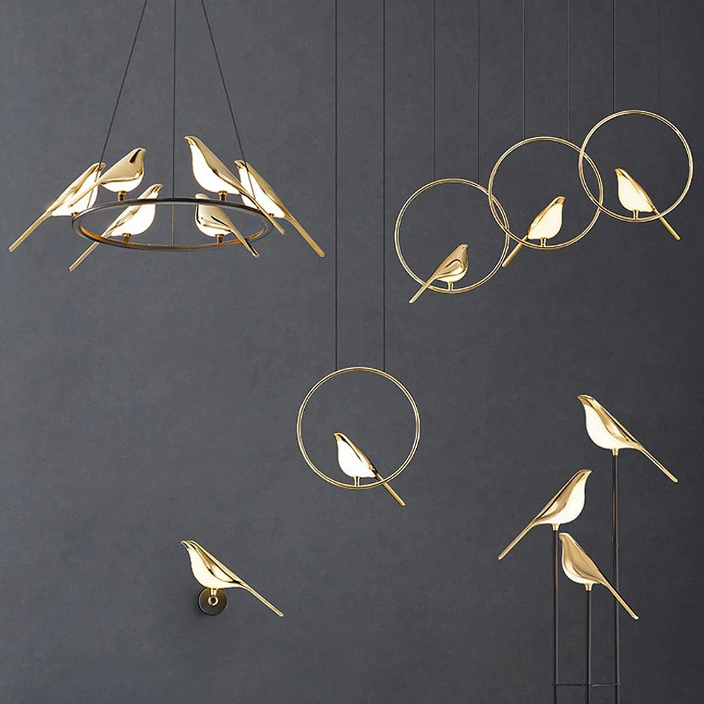 Hængelampe | Creative Birds LED Guirlande | Fuglemotiv | Justerbar længde | Guld | 30cm - 121cm Diameter | Metal + Akryl | Indbygget LED | Spisestue,