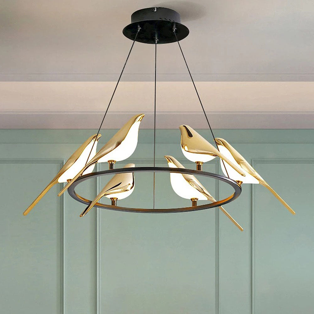 Hængelampe | Creative Birds LED Guirlande | Fuglemotiv | Justerbar længde | Guld | 30cm - 121cm Diameter | Metal + Akryl | Indbygget LED | Spisestue,