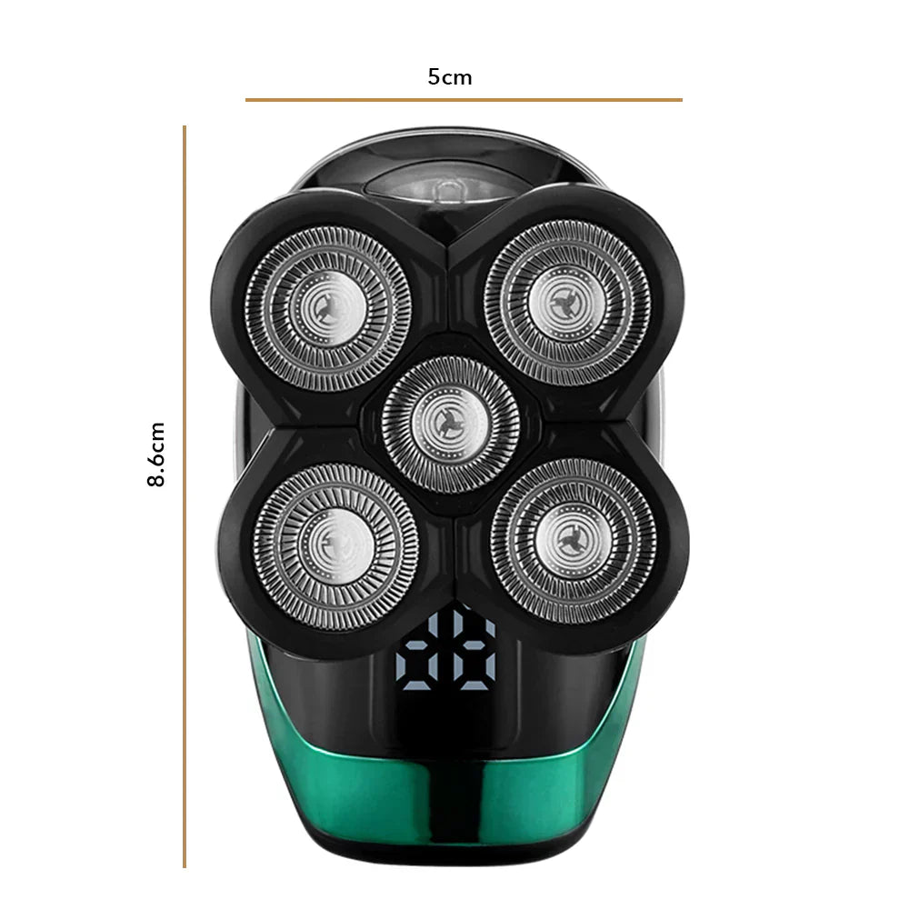 Elektrisk 5-i-1 Roterende Barbermaskine | Vandtæt IPX7 | Digital Display | Nakke- & Øretrimmer | 5D Flydende Hoveder | Komplett Grooming Kit til Mænd