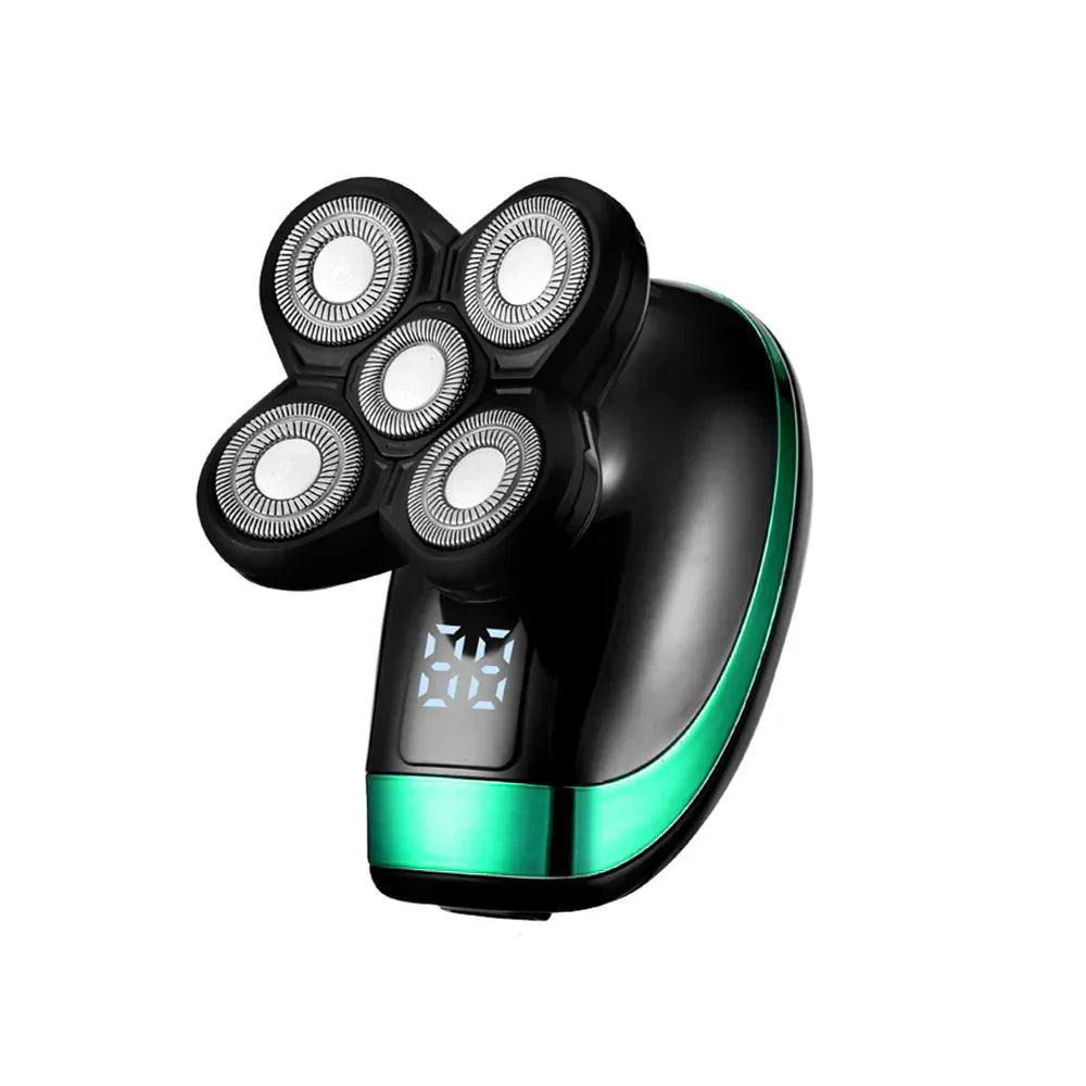 Elektrisk 5-i-1 Roterende Barbermaskine | Vandtæt IPX7 | Digital Display | Nakke- & Øretrimmer | 5D Flydende Hoveder | Komplett Grooming Kit til Mænd