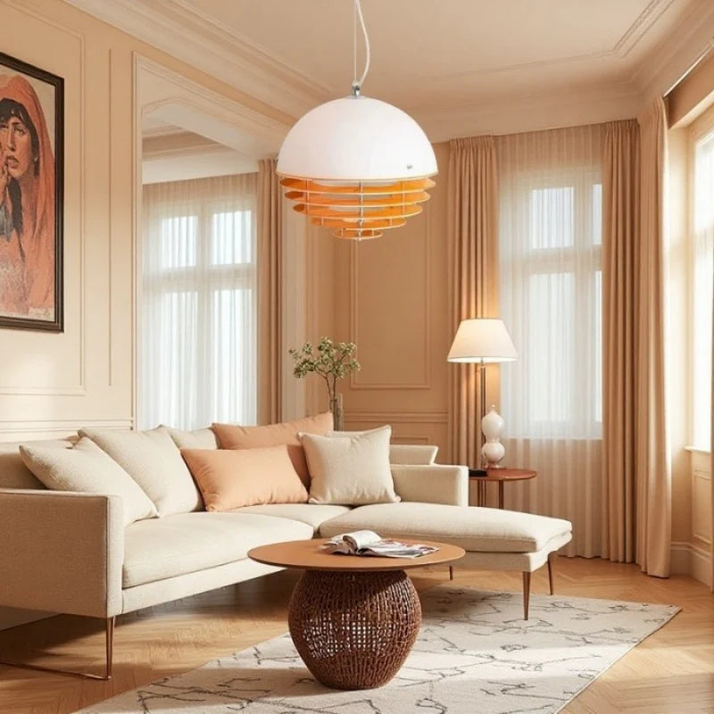Hrafen Loftlampe | Glas Pendel | Unik Dome Design | Orange og Hvid | Elegant Atmosfære | E27 Fatning | Moderne Belysning | Akryl og Metal | 110-240V