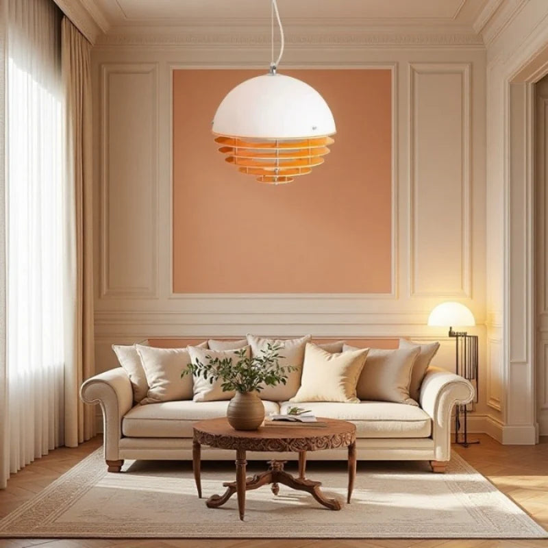 Hrafen Loftlampe | Glas Pendel | Unik Dome Design | Orange og Hvid | Elegant Atmosfære | E27 Fatning | Moderne Belysning | Akryl og Metal | 110-240V