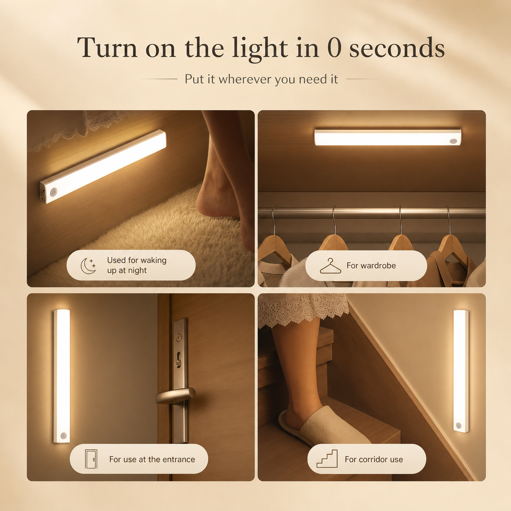 USB Rechargeable Motion Sensor LED Light | Portable Wireless Wardrobe Lamp | Dimmable Night Lighting