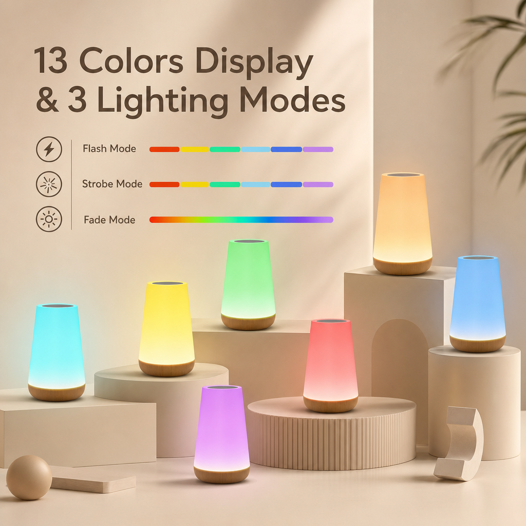 13-Color Changing LED Night Light | Remote Touch Control | USB Rechargeable | Dimmable Table Lamp | Portable Design