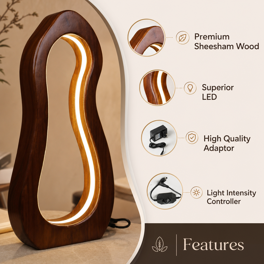 Premium Sheesham Wood LED Table Lamp | Curved Wave Design | Walnut Finish | Artistic Decoration | Versatile Use | Living Room & Bedroom