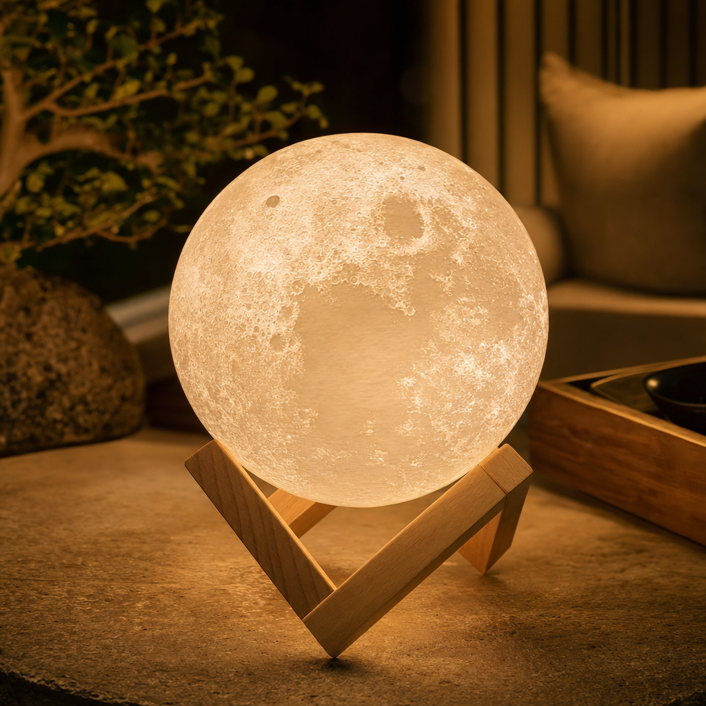 3D Moon Lamp | Wireless Touch Control | Wooden Stand | Home Decor Lighting | Rechargeable LED