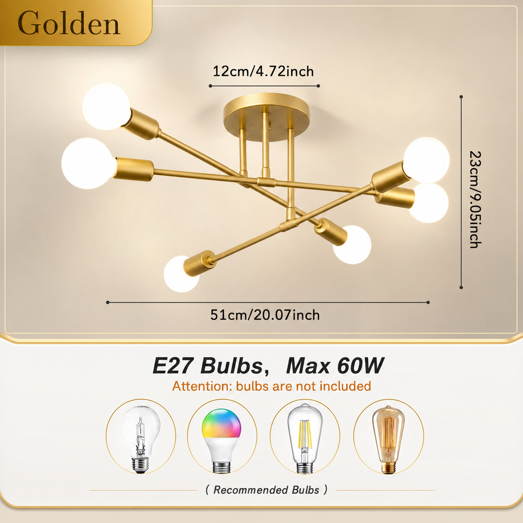 Modern Branch Chandelier | 6-Light E27 Base | Cast Iron | Varnished Finish | Living Room & Dining Room Ceiling Fixture