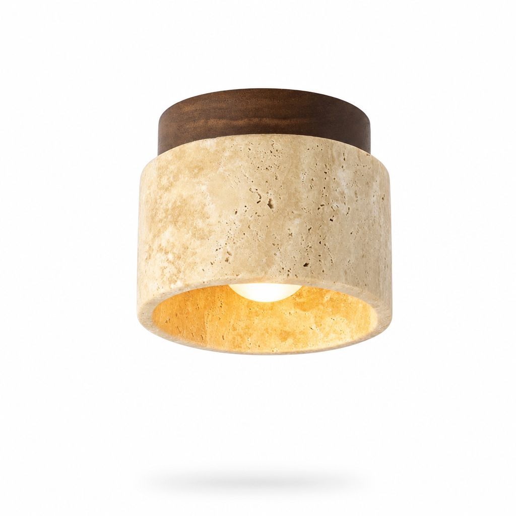 Travaro Ceiling Light | Travertine & Wood | Japandi Style | E27 Base | Natural Warm Glow | Minimalist & Modern Design | Home Decor Lighting