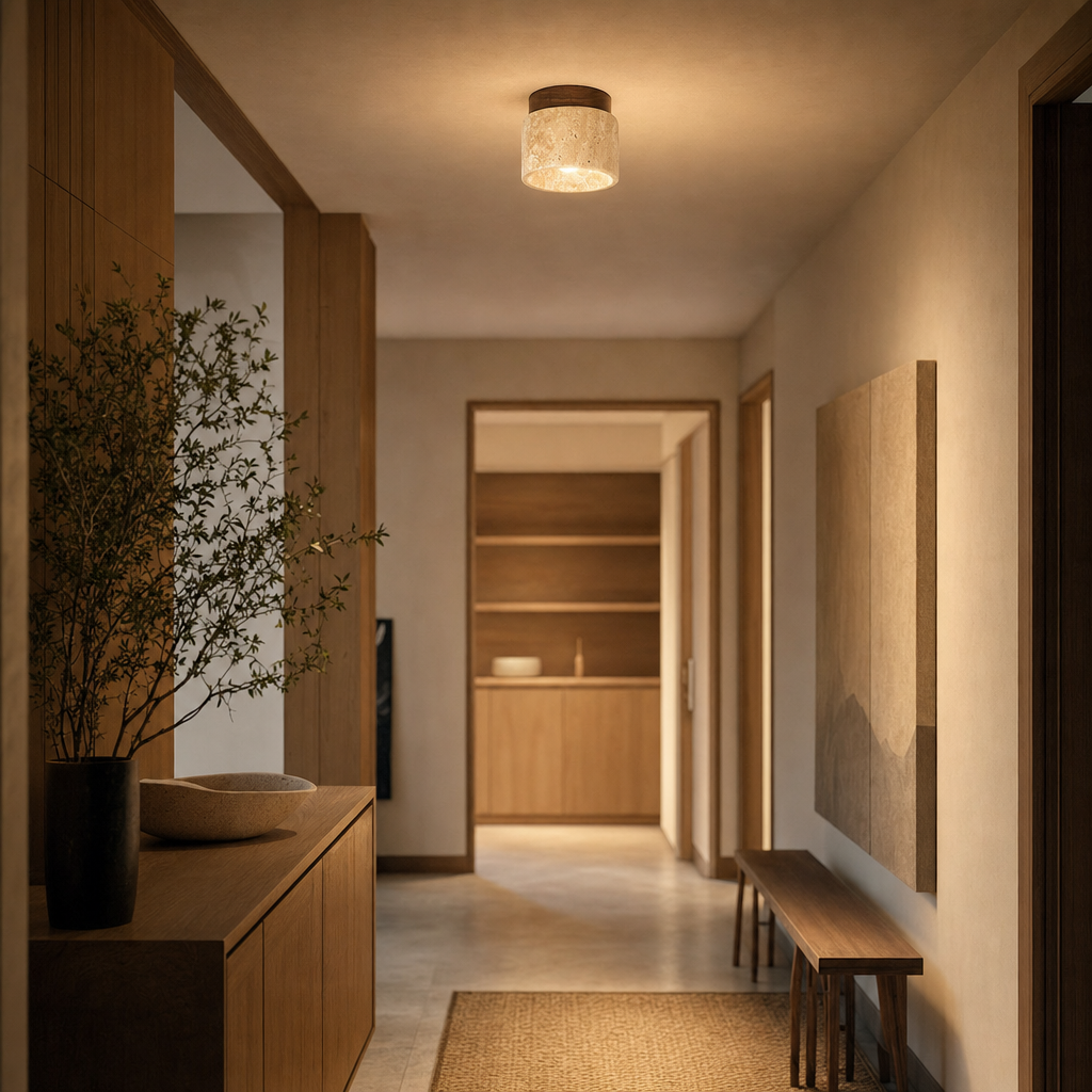 Travaro Ceiling Light | Travertine & Wood | Japandi Style | E27 Base | Natural Warm Glow | Minimalist & Modern Design | Home Decor Lighting