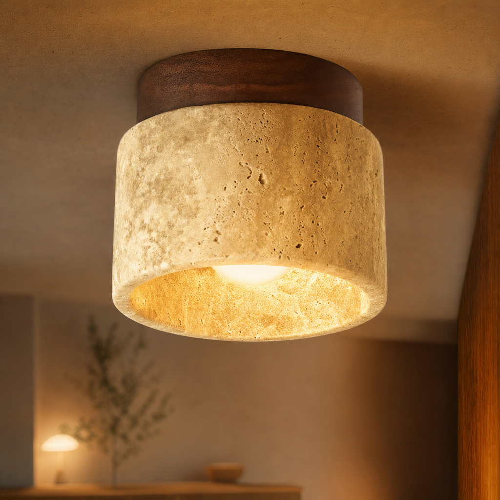 Travaro Ceiling Light | Travertine & Wood | Japandi Style | E27 Base | Natural Warm Glow | Minimalist & Modern Design | Home Decor Lighting
