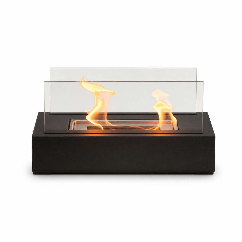 Rectangular Bioethanol Tabletop Fireplace | Modern Glass and Metal Design | Indoor/Outdoor Use | Black Finish | Smoke-Free Ambiance