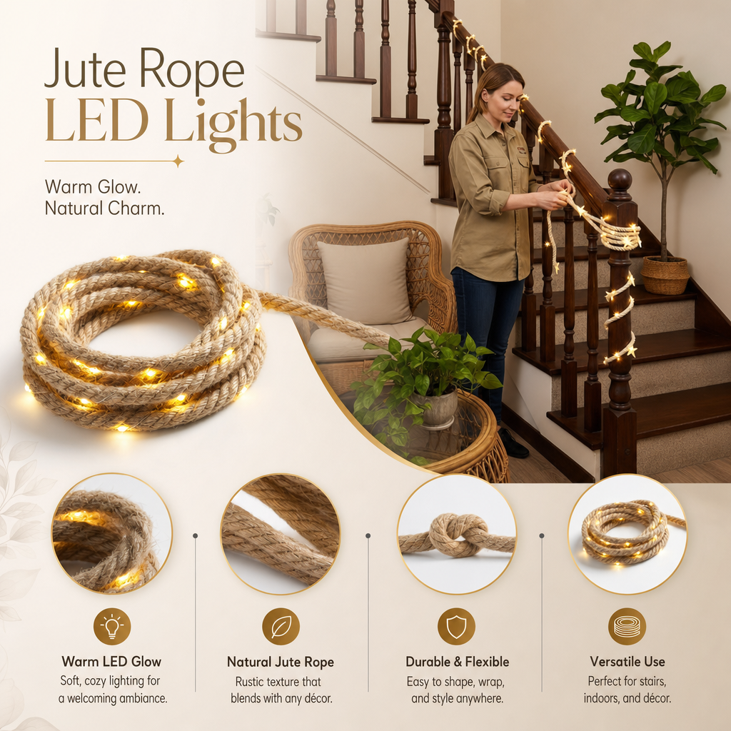 Battery-Powered Warm LED Rope Lights | Natural Brown | Indoor Decorative Lighting | Home Gift Decoration