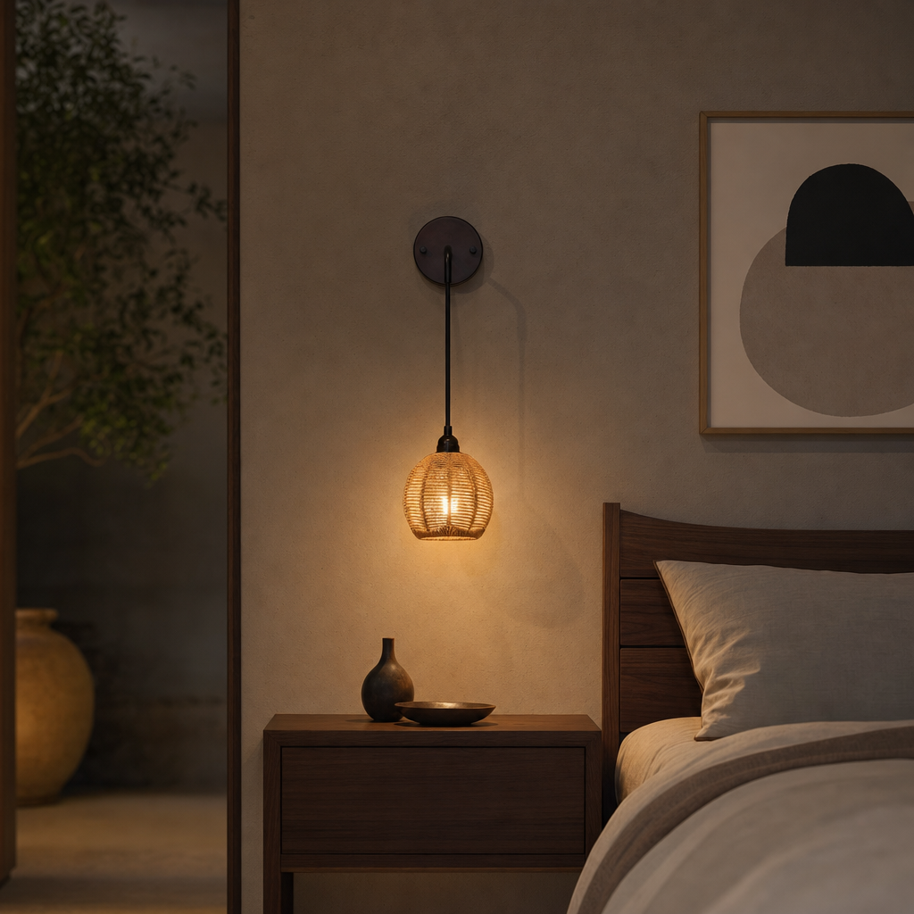 Bohemian Rattan Wall Lamp Set | Farmhouse Style Metal Sconce | Bedroom Living Hallway Decor