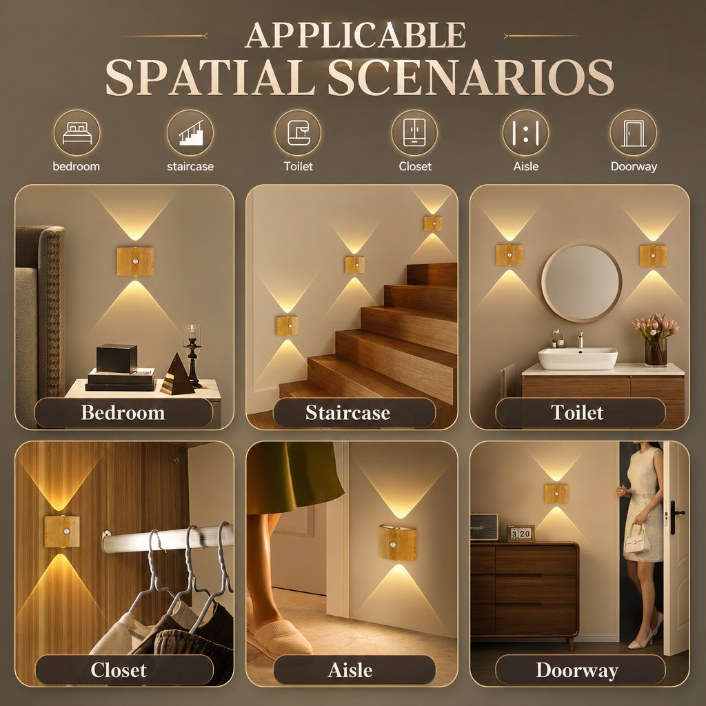 Smart LED Motion Sensor Night Light | Adjustable Brightness & 3 Colors | Wood or Walnut Finish | Battery Powered for Bedroom & Hallway
