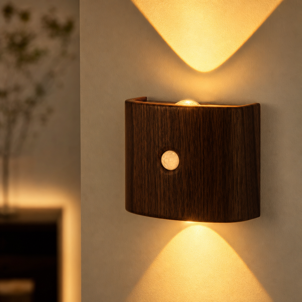 Smart LED Motion Sensor Night Light | Adjustable Brightness & 3 Colors | Wood or Walnut Finish | Battery Powered for Bedroom & Hallway