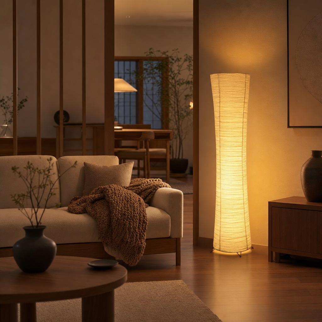 Modern LED Floor Lamp | Paper Shade | USB Remote Control | Warm Light | Uplight Design | Living Room & Bedroom Decor