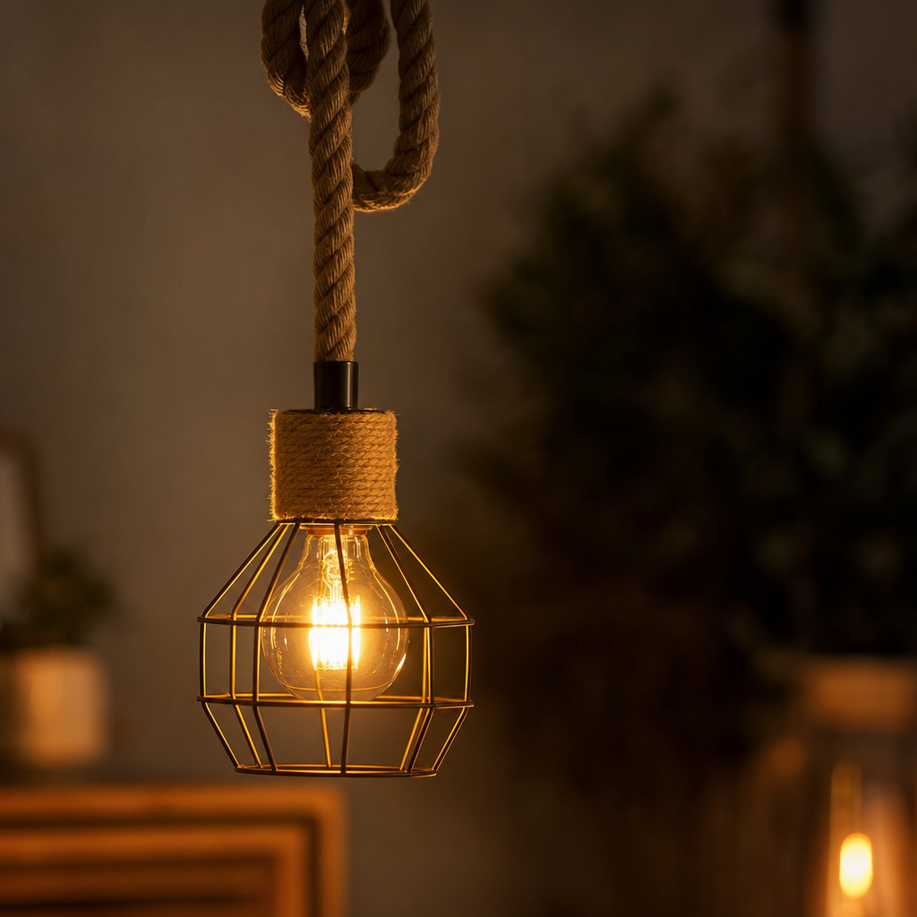 Rustic Pendant Light Fixture | Handmade Woven | E27 Base | Metal Shade Ceiling Light | Kitchen Bar Corridor Decor | Holiday Lighting