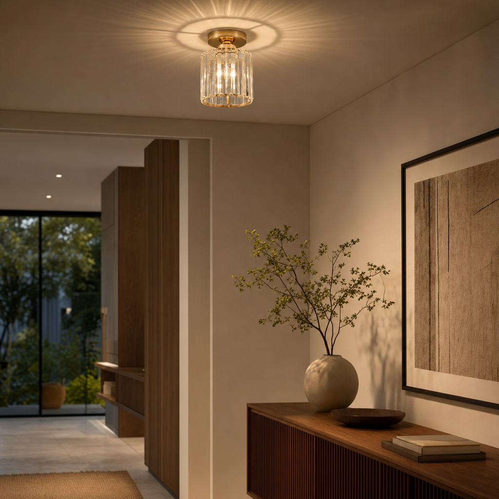 Modern Crystal Ceiling Light | Semi Flush Mount | E27 Base | Metal Varnished Fixture | Home Decor | Corridor Bedroom Kitchen Lighting