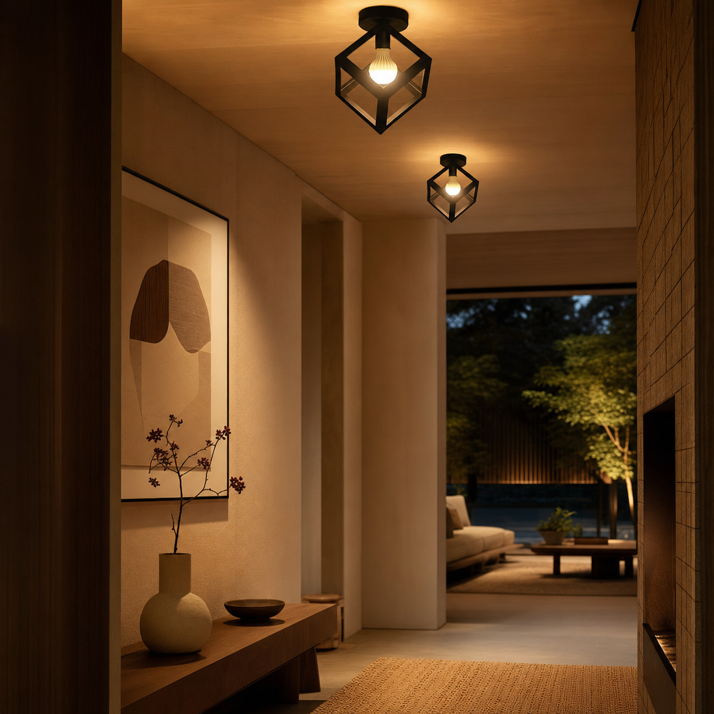 Modern Semi Flush Ceiling Light Fixture | Metal E27 Varnished Design | Living Room Bedroom Office Decor | Hard-Wired