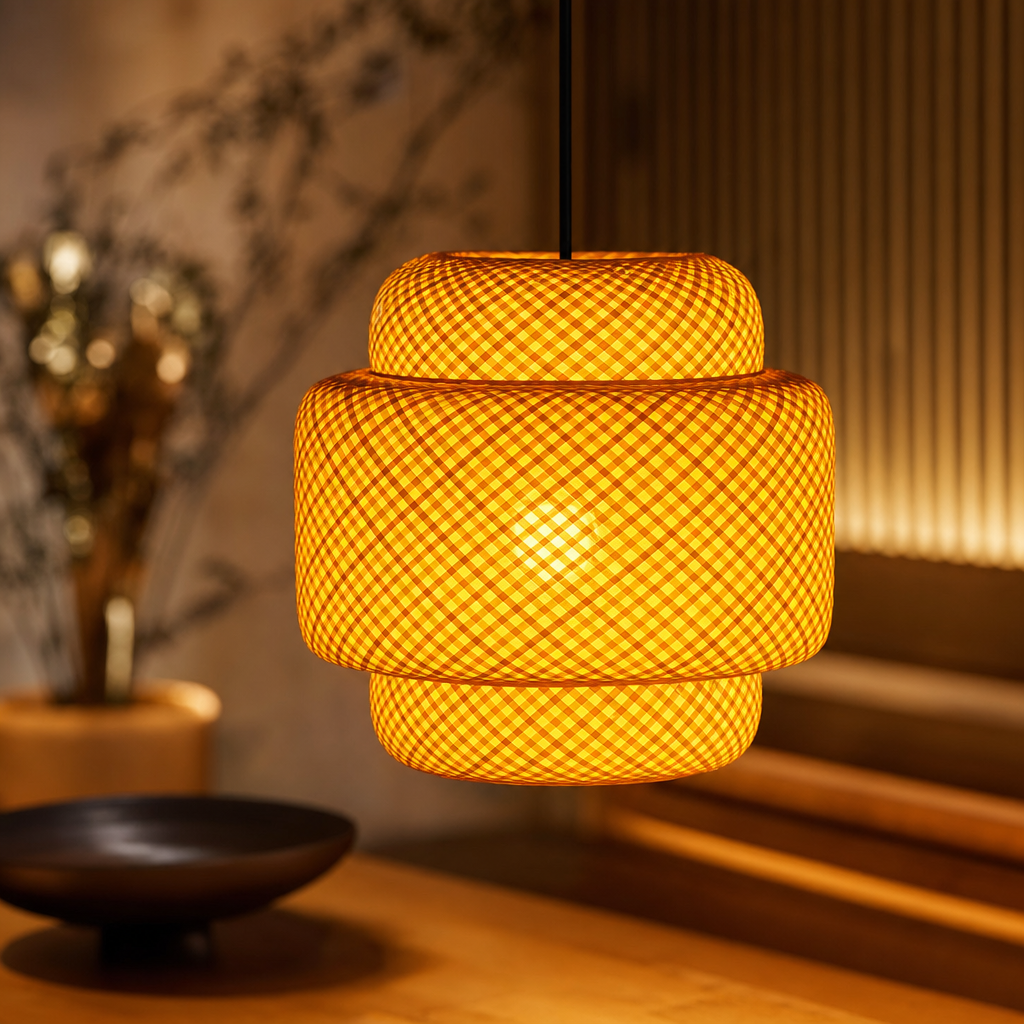 Rustic Bamboo Pendant Light | Zen Room Decor | Japanese Rattan Barrel Lantern | Vintage Art Lampshade | Polished Finish