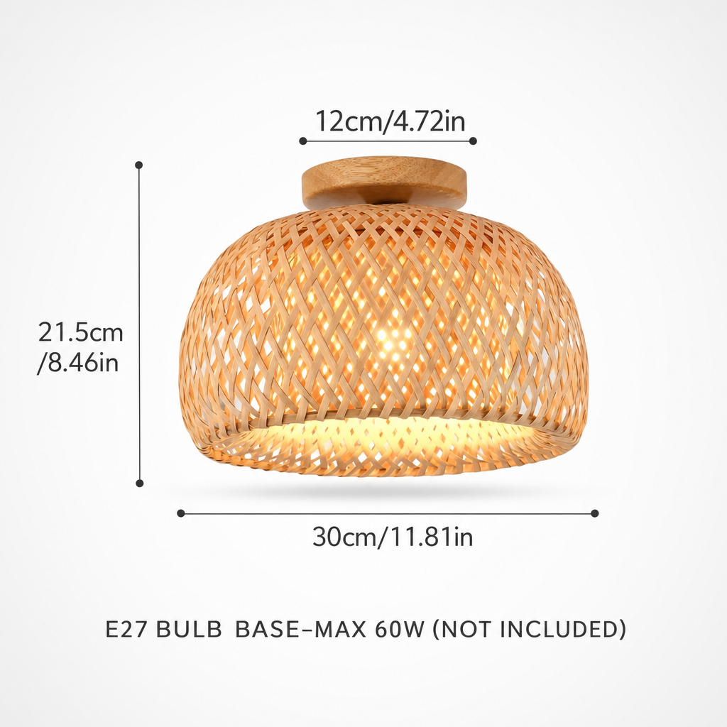 Tropical Woven Ceiling Light | E27 Base | Bamboo Style Semi Flush Mount | Hallway Kitchen Bedroom | 30cm Diameter