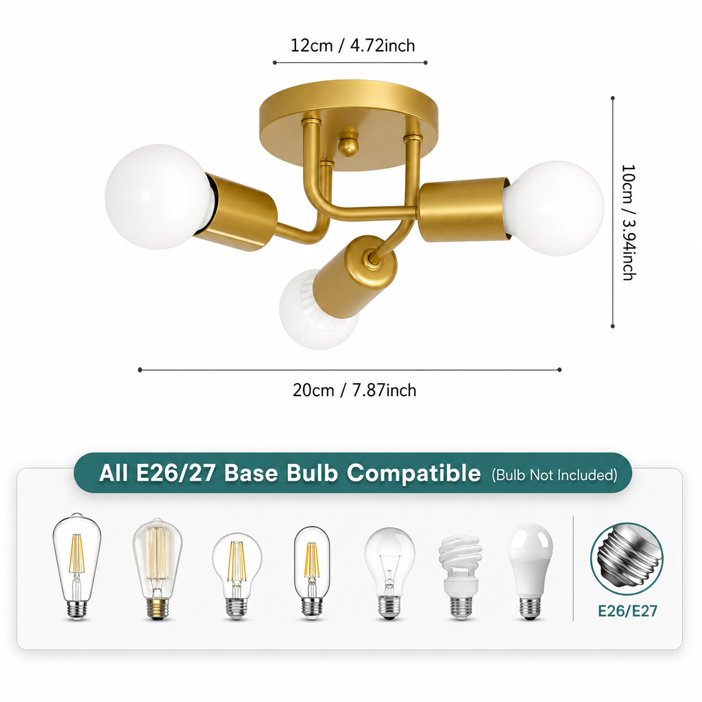 Modern Luxury 3-Light Metal Chandelier | Ceiling Fixture for Bedroom Dining Room Corridor | E27 Base | Semi Flush Mount