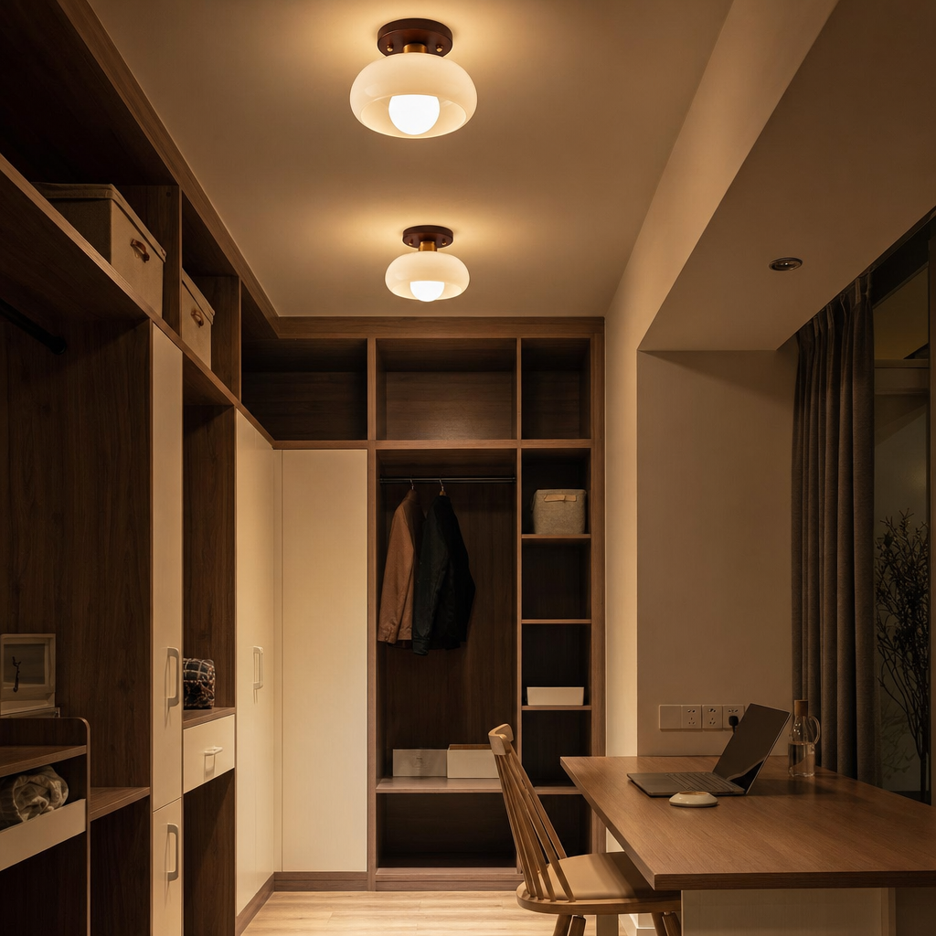 Warm Ambiance Ceiling Light | Opal Glass Shade | Wood Accent | Bauhaus Inspired | Ideal for Living Rooms & Bedrooms