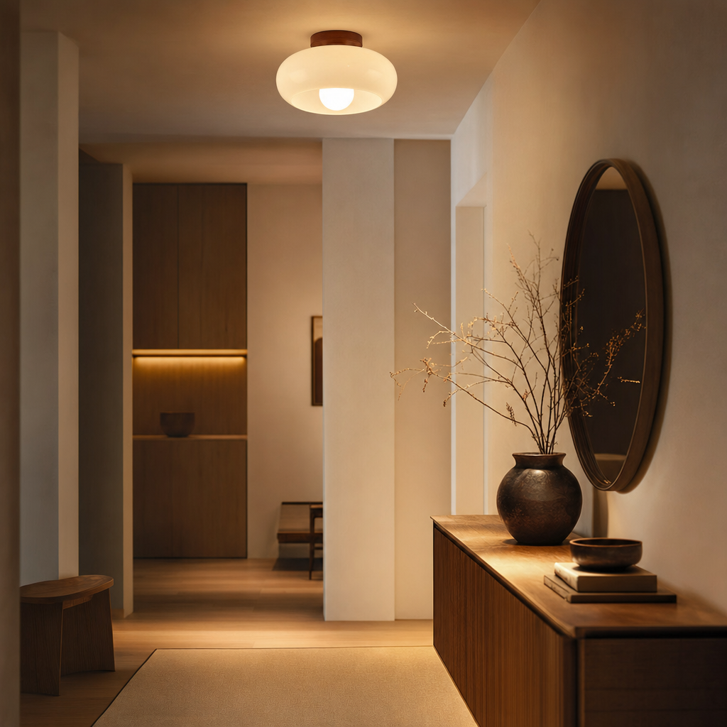 Warm Ambiance Ceiling Light | Opal Glass Shade | Wood Accent | Bauhaus Inspired | Ideal for Living Rooms & Bedrooms
