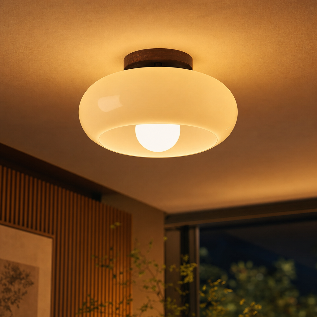 Warm Ambiance Ceiling Light | Opal Glass Shade | Wood Accent | Bauhaus Inspired | Ideal for Living Rooms & Bedrooms