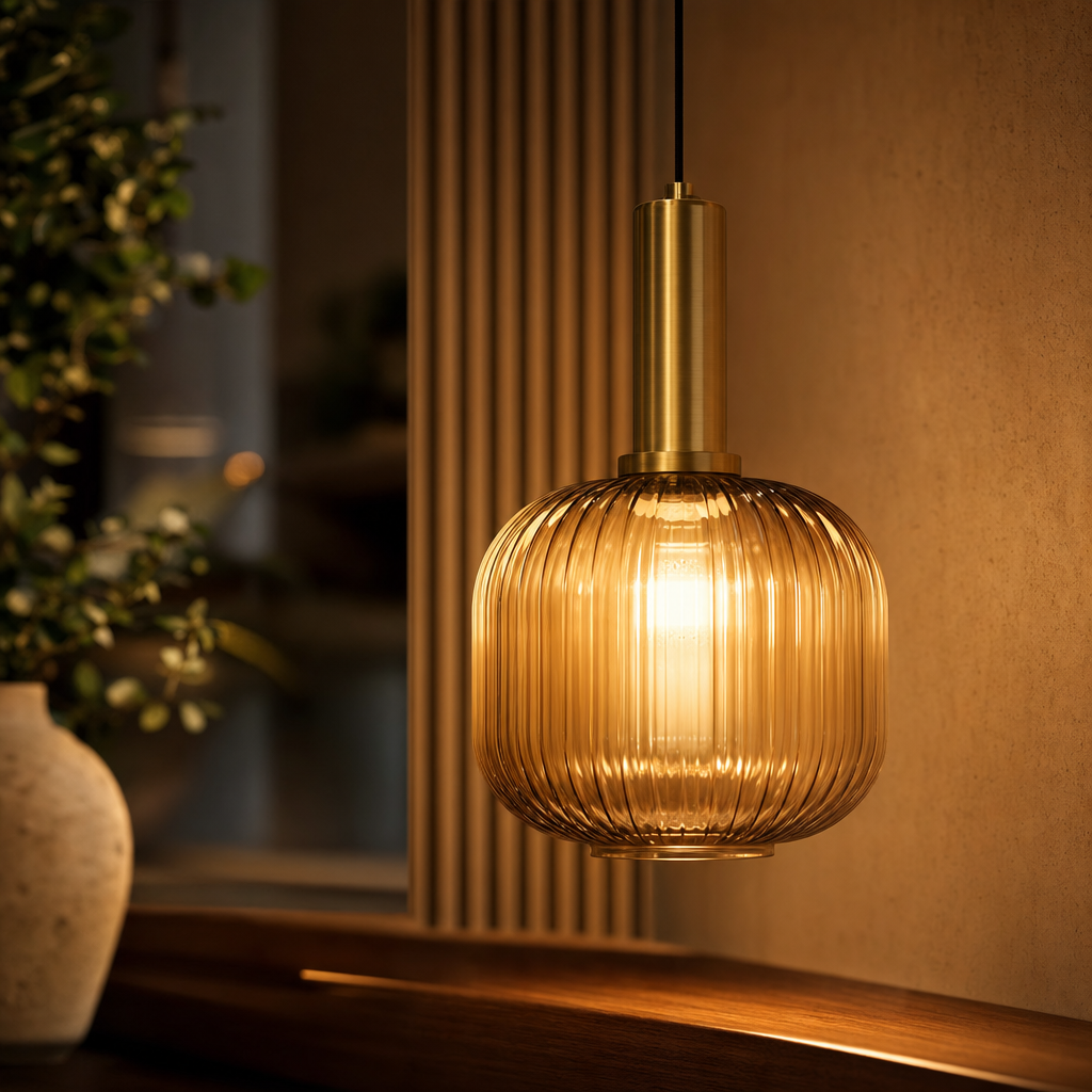 Modern Striped Glass Pendant Light | Kitchen Island Ceiling Fixture | Metal & Polished Finish | E26 Base