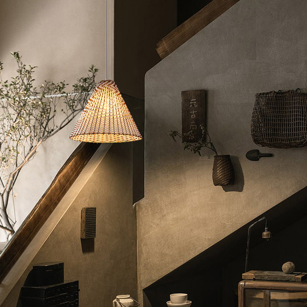 Håndlavet boheme pendellampe | Vævet Rattan | D36 x H30 cm | Naturligt design | E27 fatning | 110V-120V | Træ og hvid farve | Til stue og soveværelse