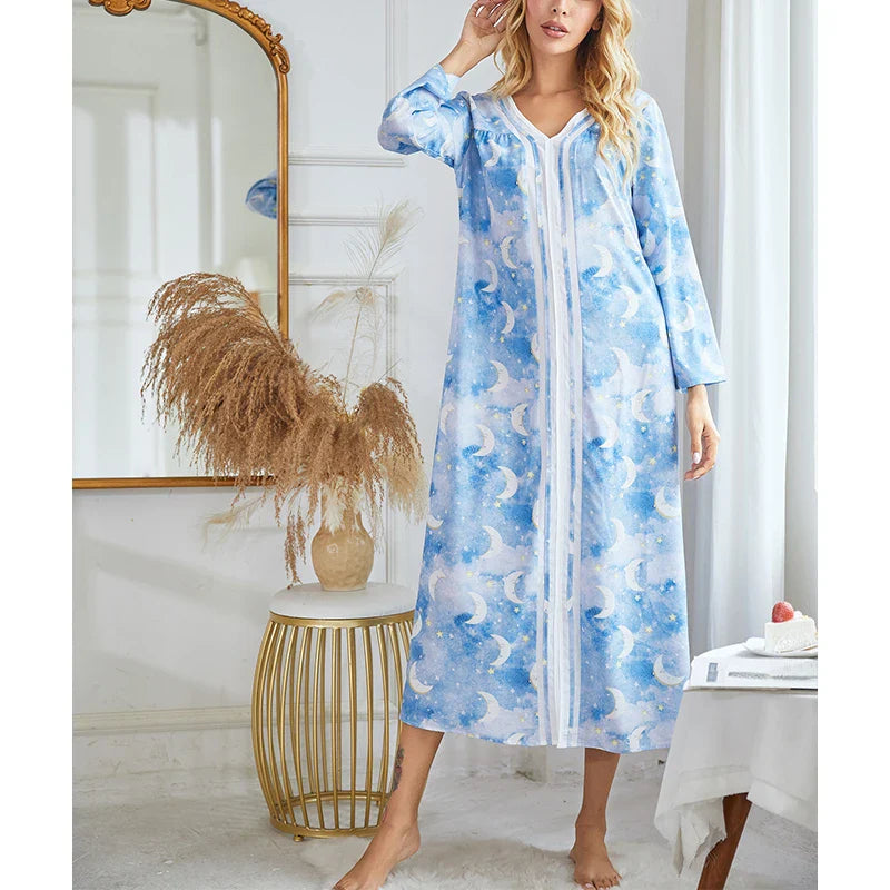 CottonLuxe Plus Size | Langærmet Natskjole | 100% Bomuld | Stilfuldt Print og Slid | Komfortabel og Åndbar | Naturlig Pasform | Ideel til Alle