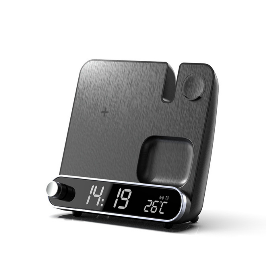 3-i-1 Trådløs Oplader | Vækkeur Funktion | Qi 15W Hurtigopladning | Kompatibel med iPhone 8-14, AirPods Pro, Apple Watch 2-7 | Kompakt Design til