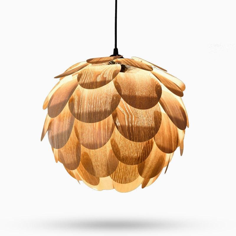 Olivia hængende lampe | Ananasformet | Træ | Rustik design | 38 cm diameter | Justerbar kabellængde | LED kompatibel | Asketræ | 110V | Modernistisk