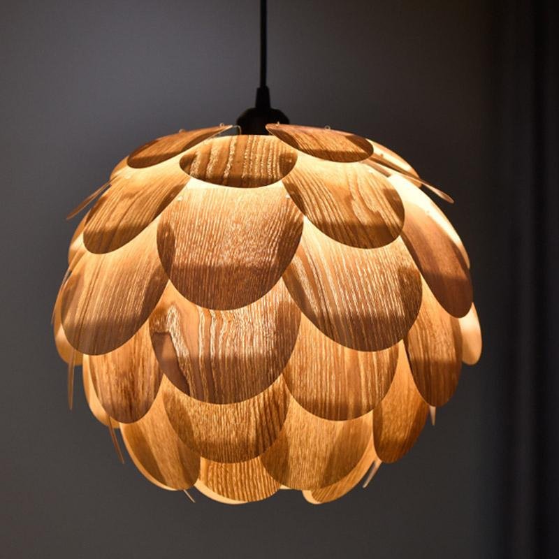 Olivia hængende lampe | Ananasformet | Træ | Rustik design | 38 cm diameter | Justerbar kabellængde | LED kompatibel | Asketræ | 110V | Modernistisk