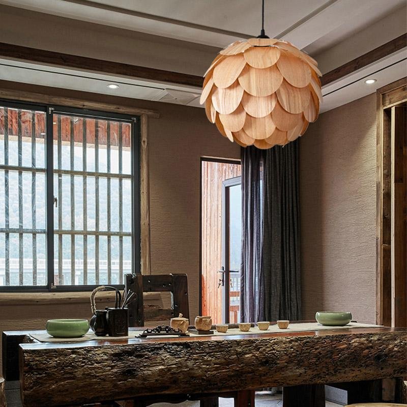 Olivia hængende lampe | Ananasformet | Træ | Rustik design | 38 cm diameter | Justerbar kabellængde | LED kompatibel | Asketræ | 110V | Modernistisk