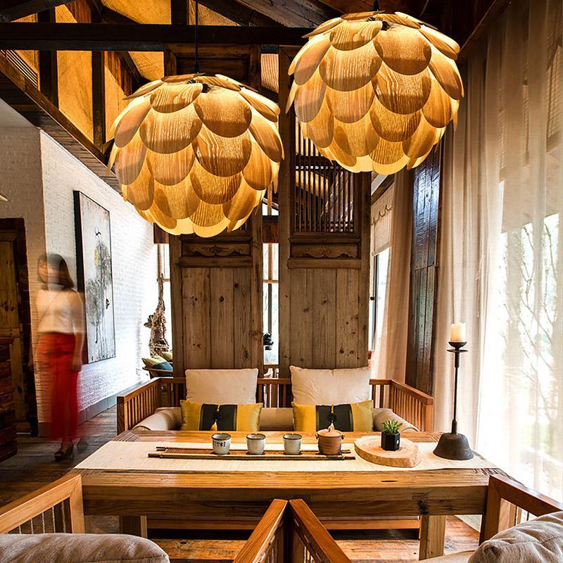 Olivia hængende lampe | Ananasformet | Træ | Rustik design | 38 cm diameter | Justerbar kabellængde | LED kompatibel | Asketræ | 110V | Modernistisk