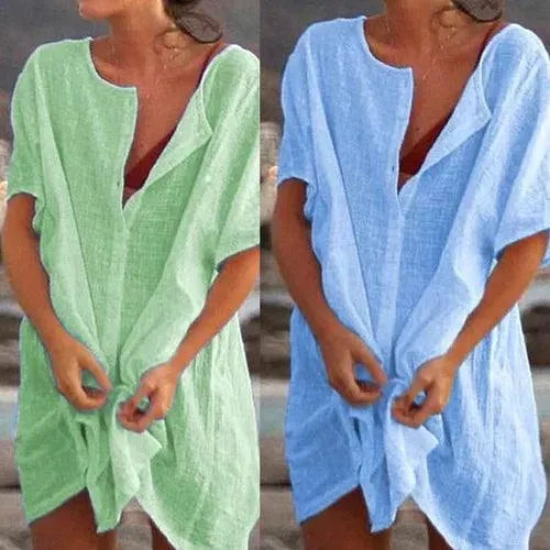 Løs bluse med ensfarvet korte ærmer