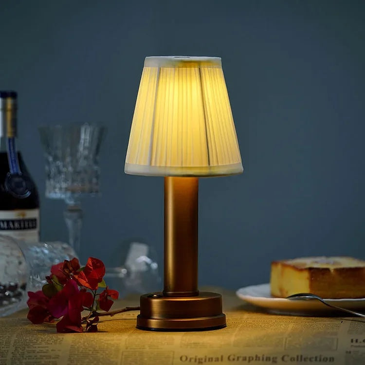 Cordless Rechargeable Fabric Table Lamp | Dimmable LED Light | Soft Atmosphere Lighting | Gold Finish | USB Charging | Portable Desk Lamp