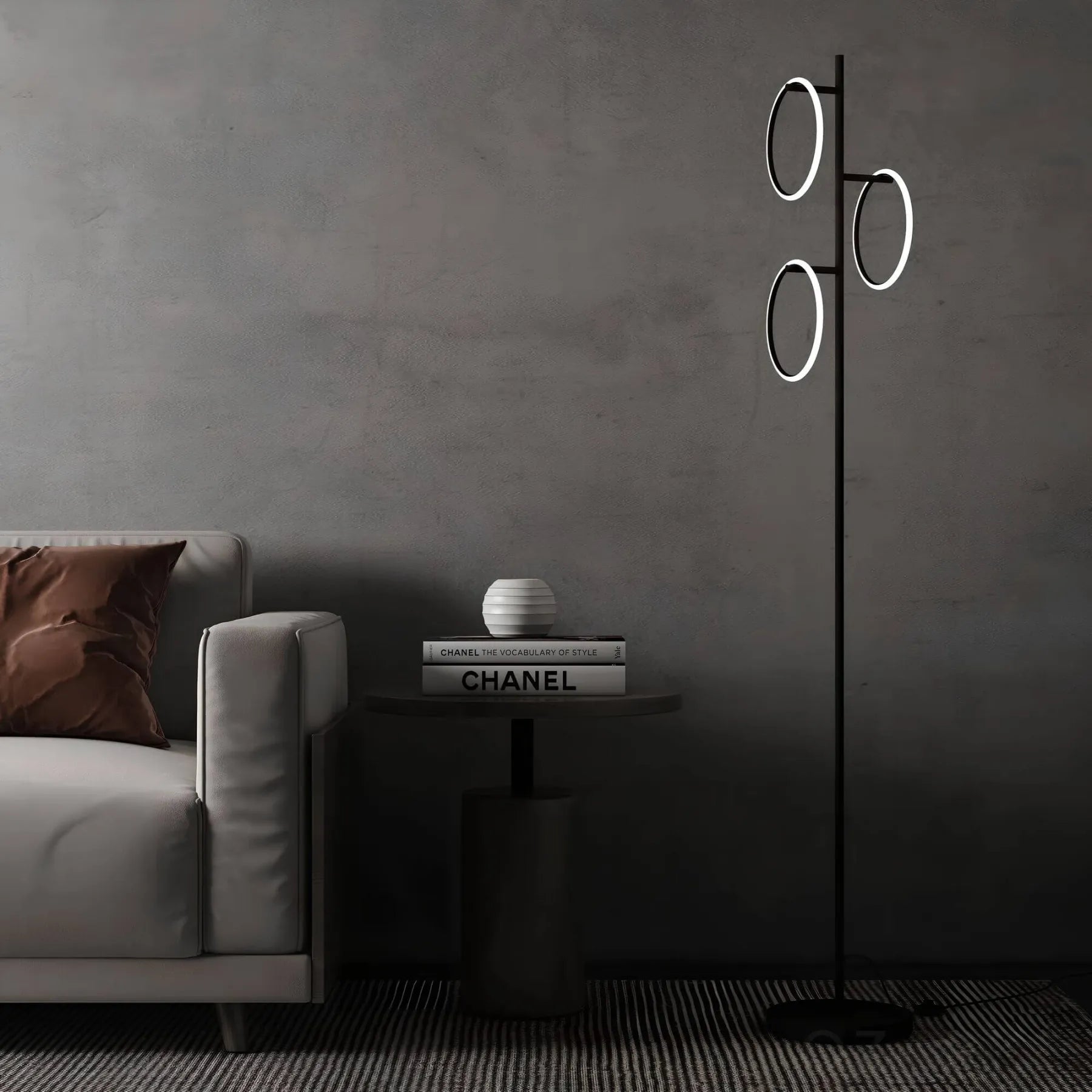 Novento LED Gulvlampe | Moderne Design | Tre Oplyste Ringe | Dæmpbar Belysning | Holdbar Kvalitet | Ideel Til Stue, Soveværelse,